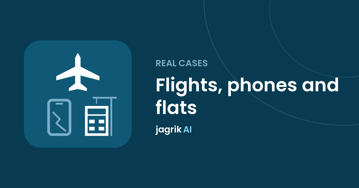 An aeroplane, a cracked phone and an unfinished tower with a crane, representing a flight refund, a defective phone and a delayed flat.