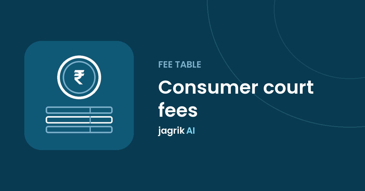 A table of consumer court fee bands beside a calculator and rupee notes